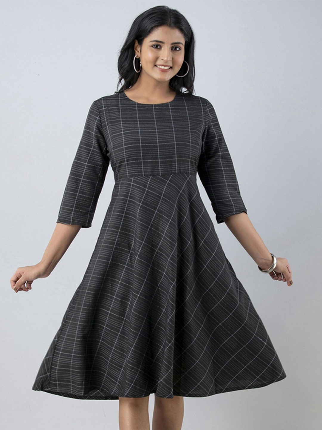 

PREKSHA Checked A-line Dress, Black