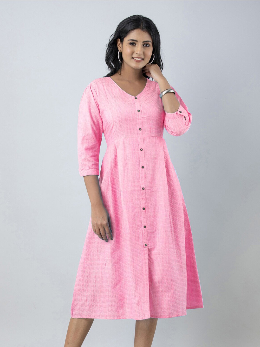 

PREKSHA Geometric Printed A-Line Midi Dress, Pink