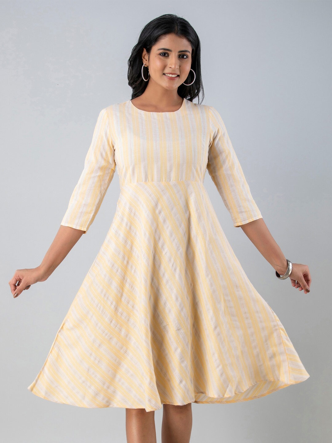

PREKSHA Vertical Striped A-line Dress, Yellow