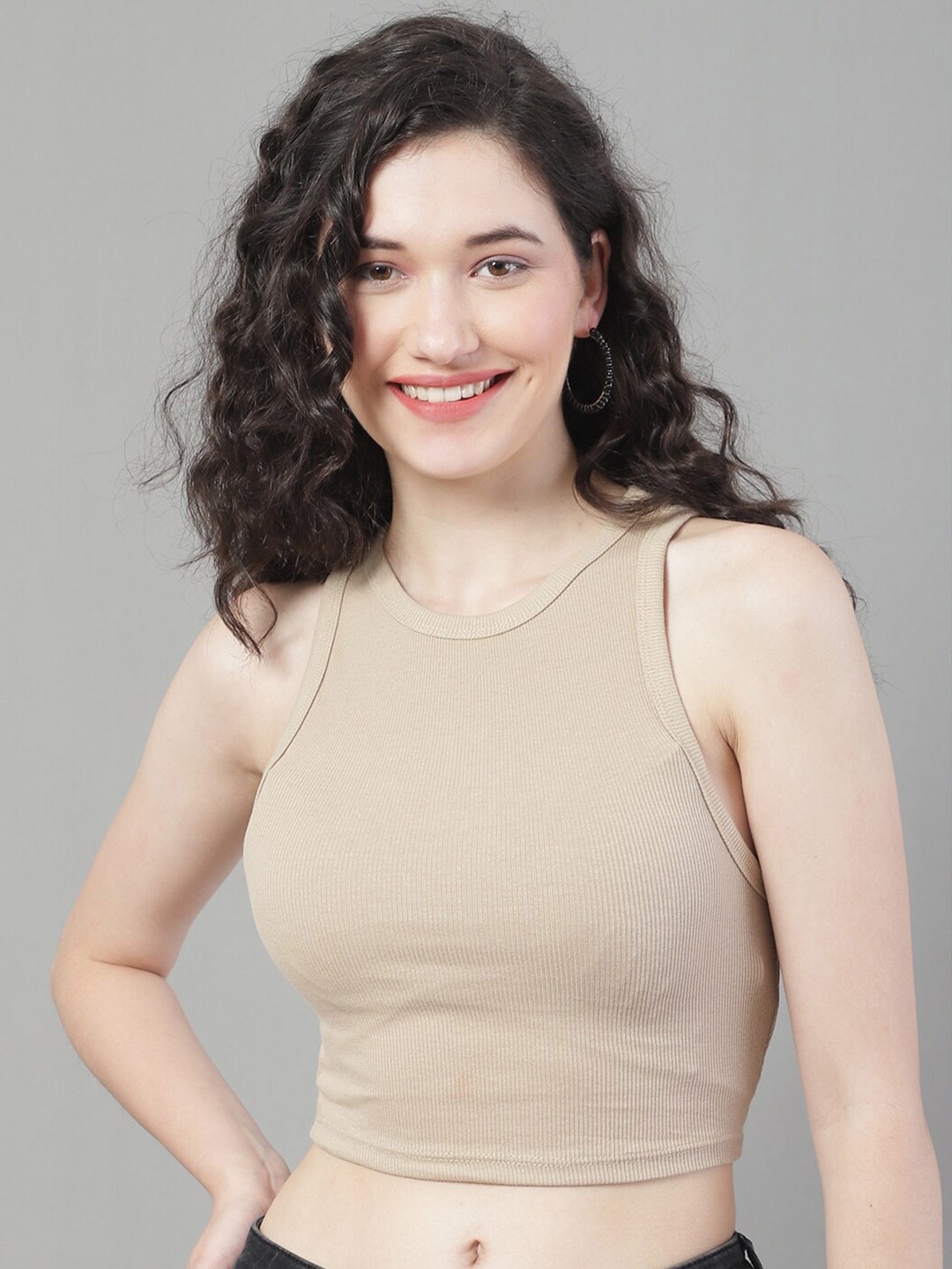 

NoBarr Round Neck Fitted Crop Top, Beige