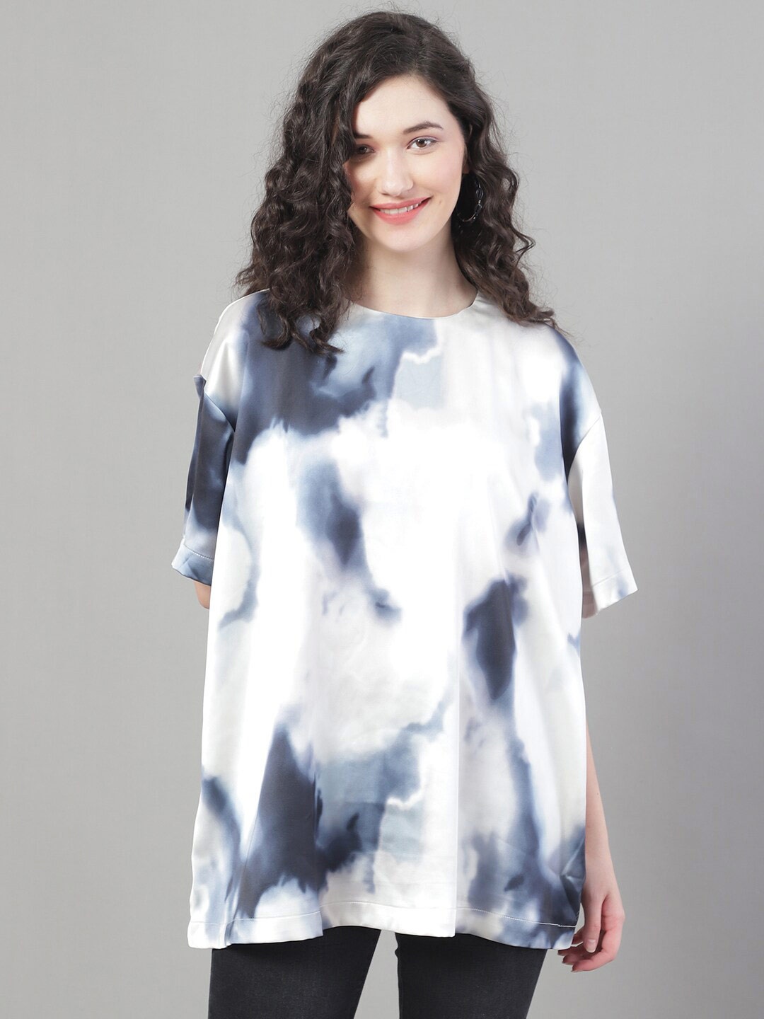 

NoBarr Tie & Dye Round Neck Drop Shoulder Sleeves T-Shirt, Navy blue