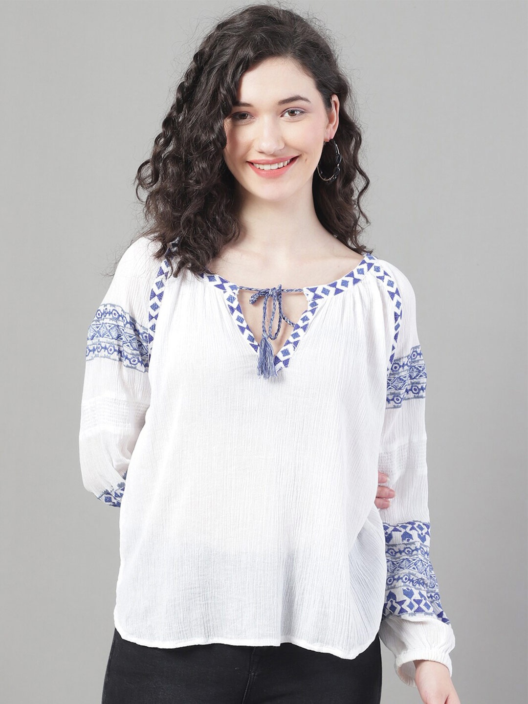 

NoBarr Geometric Printed Tie-Up Neck Cotton Top, White