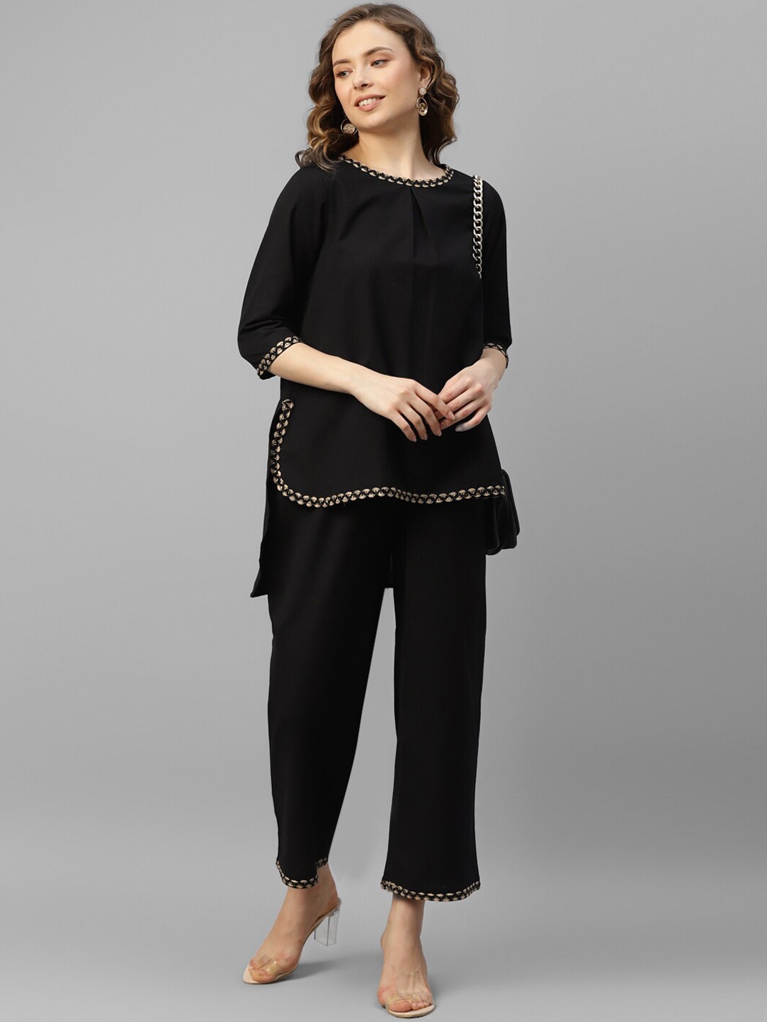 

DEEBACO Round Neck Tunic With Trousers Co-Ords, Black