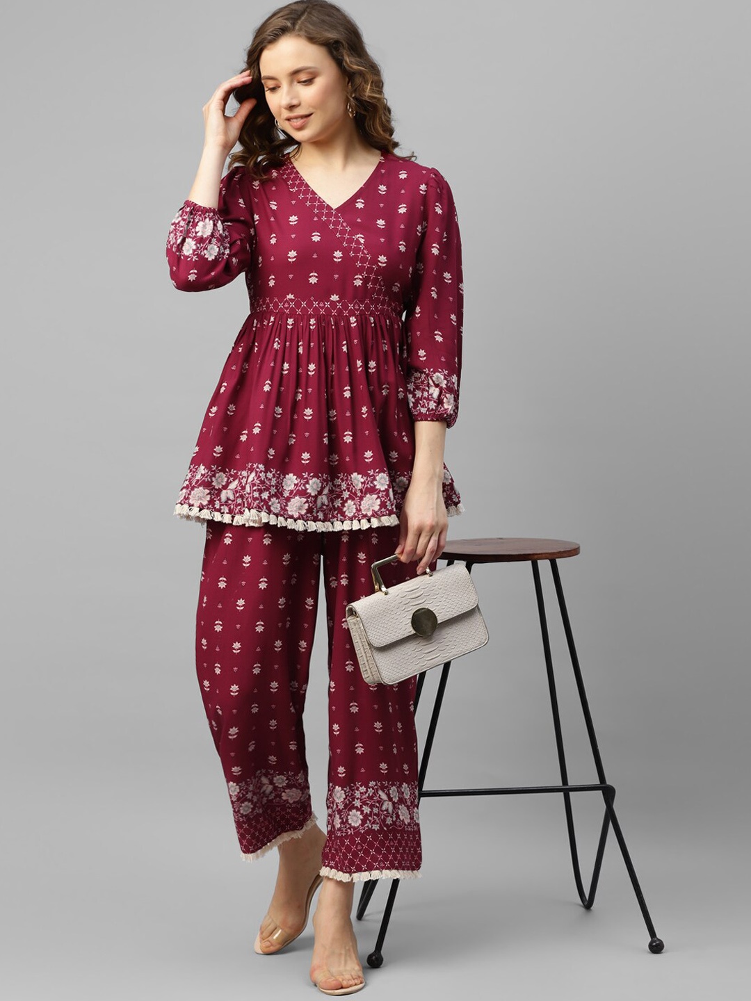

DEEBACO Ethnic Motifs Printed Tunic With Trousers Co-Ords, Maroon