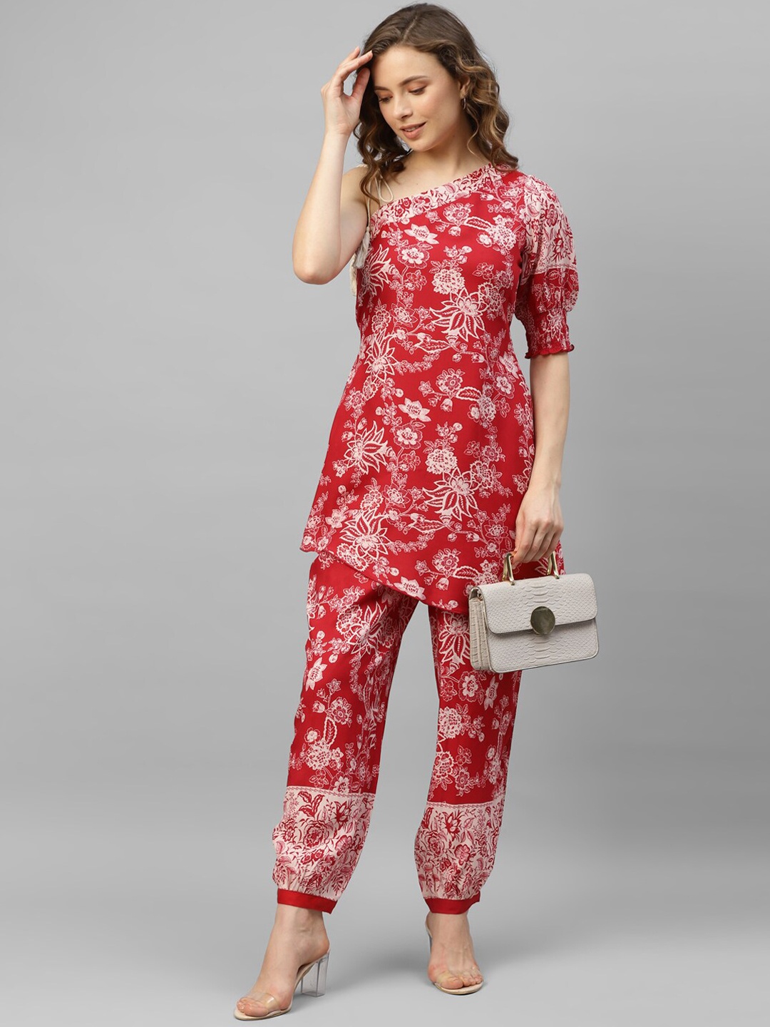 

DEEBACO Floral Printed Asymmetric Tunic With Trousers Co-Ords, Red