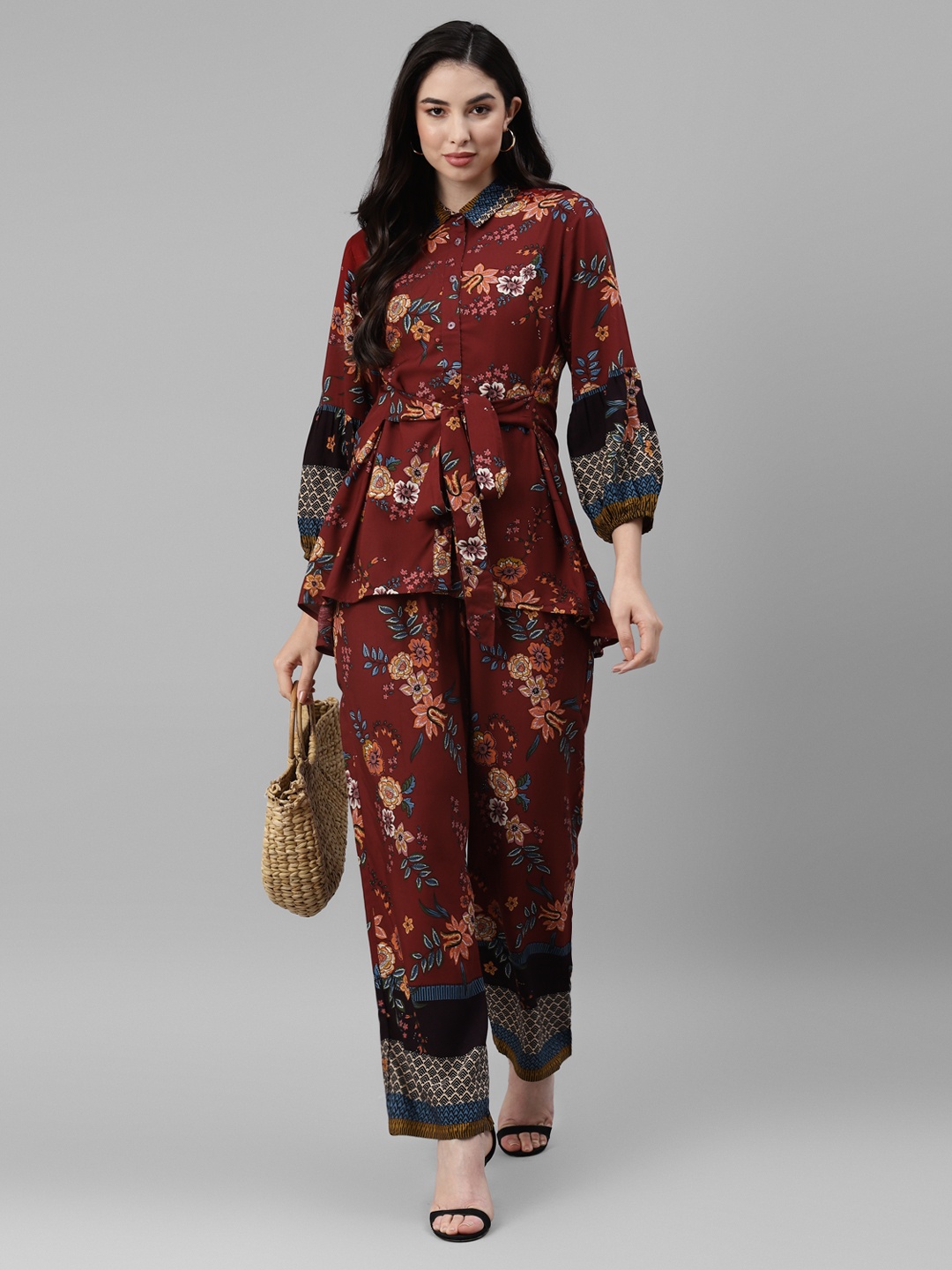 DEEBACO Printed Shirt Collar Shirt & Trousers Co-Ords, Maroon