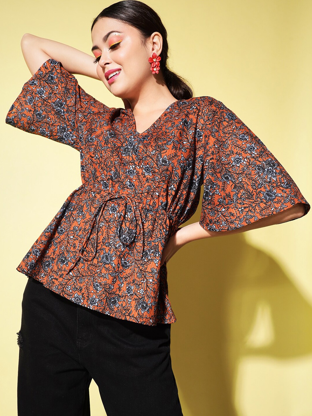 

Trend Arrest Floral Printed Kimono Sleeves Cotton Top, Orange