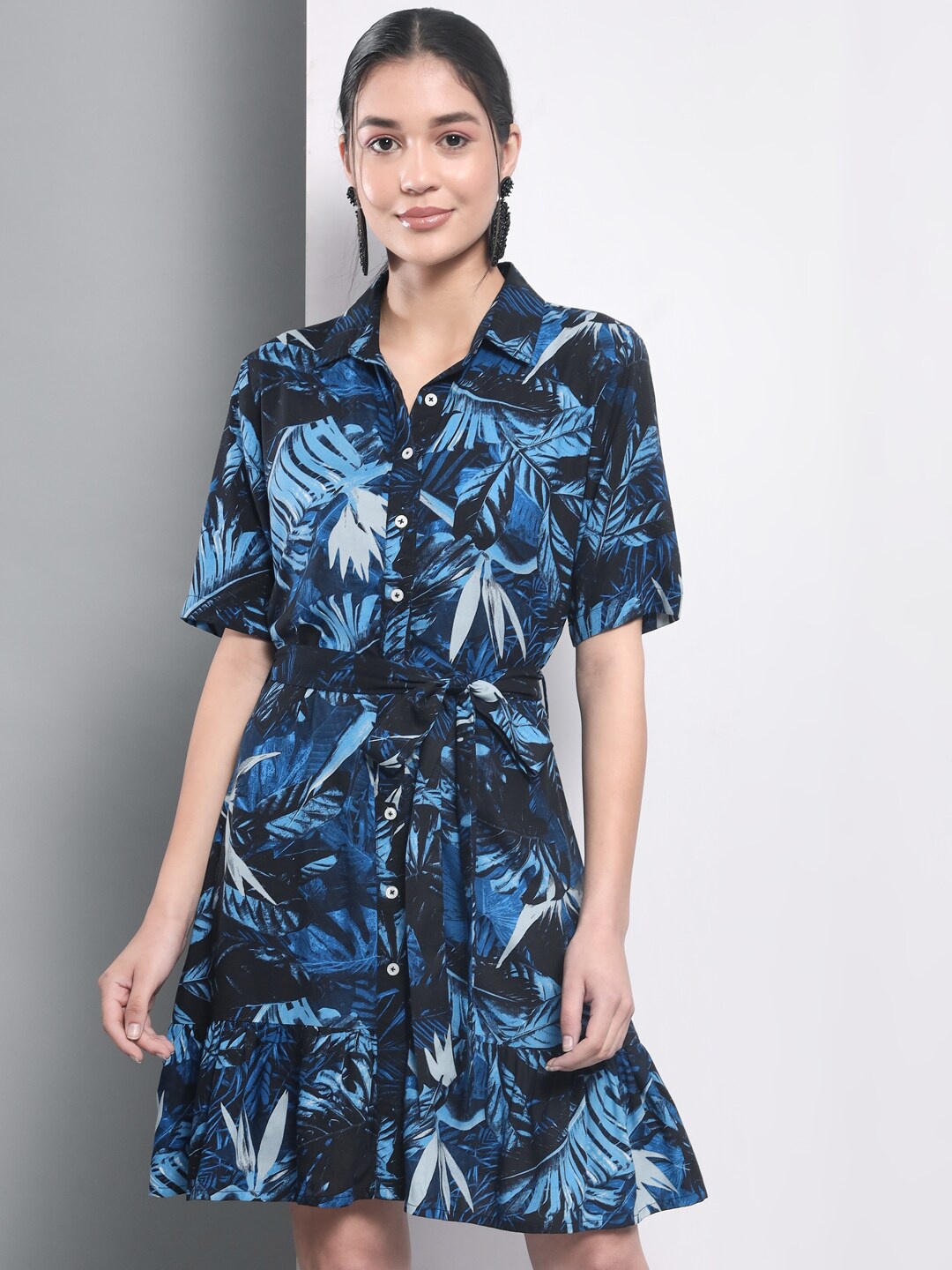 

Trend Arrest Tropical Printed Shirt Dress With Belt, Blue