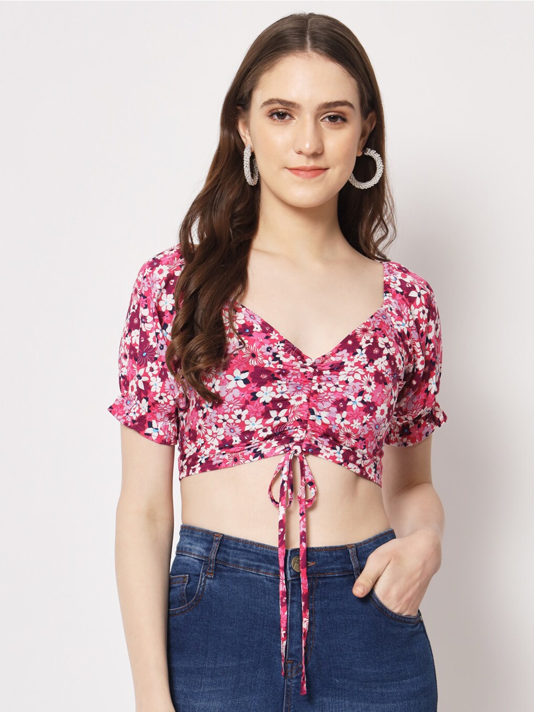 

Trend Arrest Floral Printed Sweetheart Neck Ruched Detail Crop Top, Pink