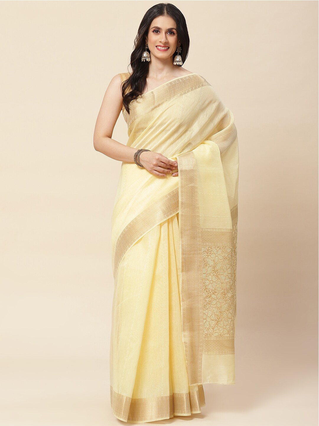 

Meena Bazaar Floral Cotton Blend Zari Saree With Blouse Piece, Yellow