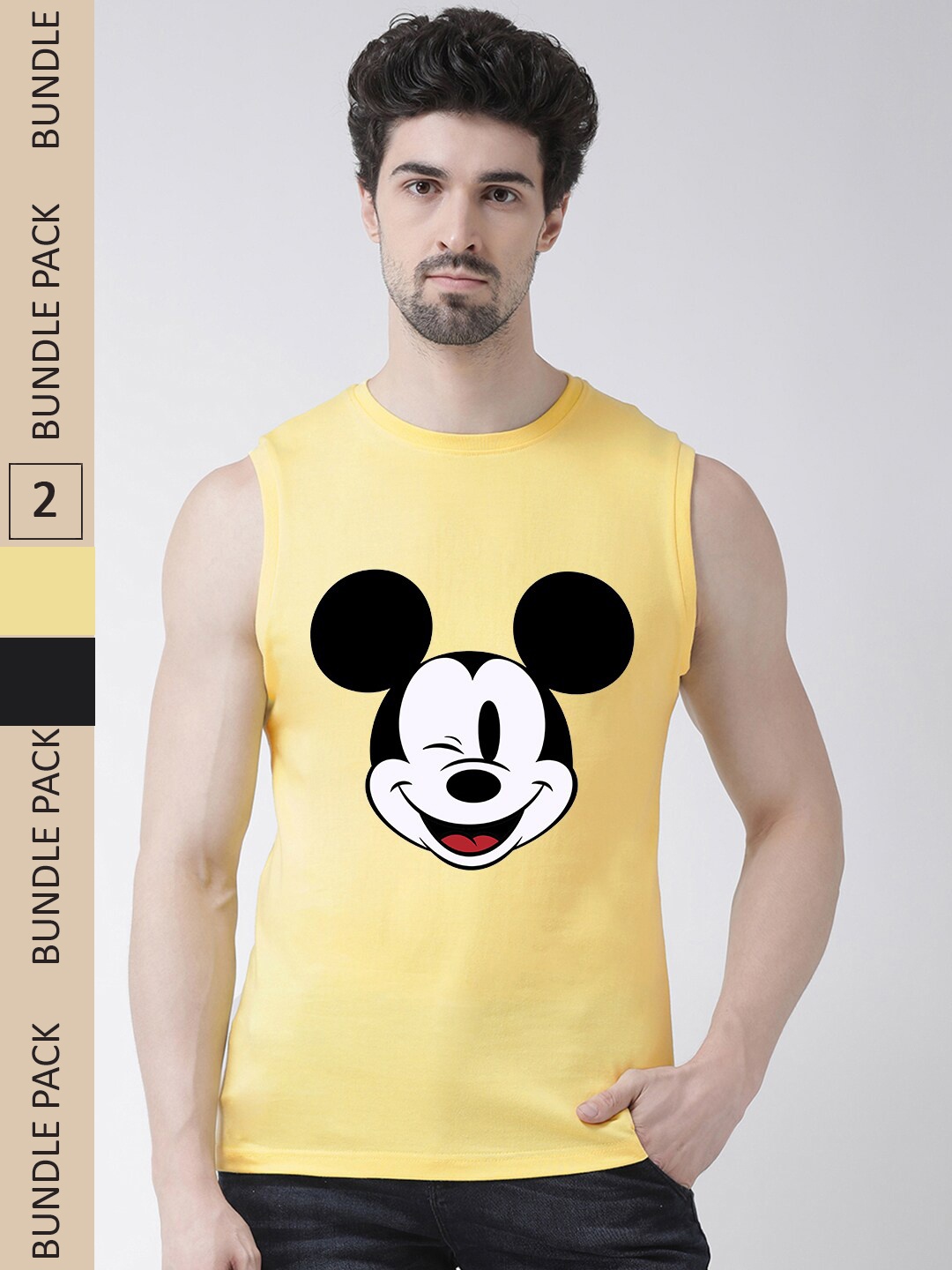 

Friskers Pack Of 2 Mickey Mouse Printed Sleeveless Pure Cotton Slim Fit Sports T-shirt, Yellow