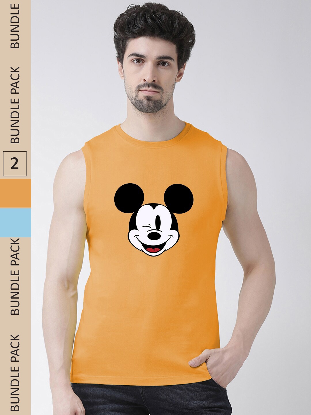 

Friskers Humoric And Comic Mickey Mouse Printed Pack Of 2 Slim Fit Pure Cotton T-Shirts, Gold