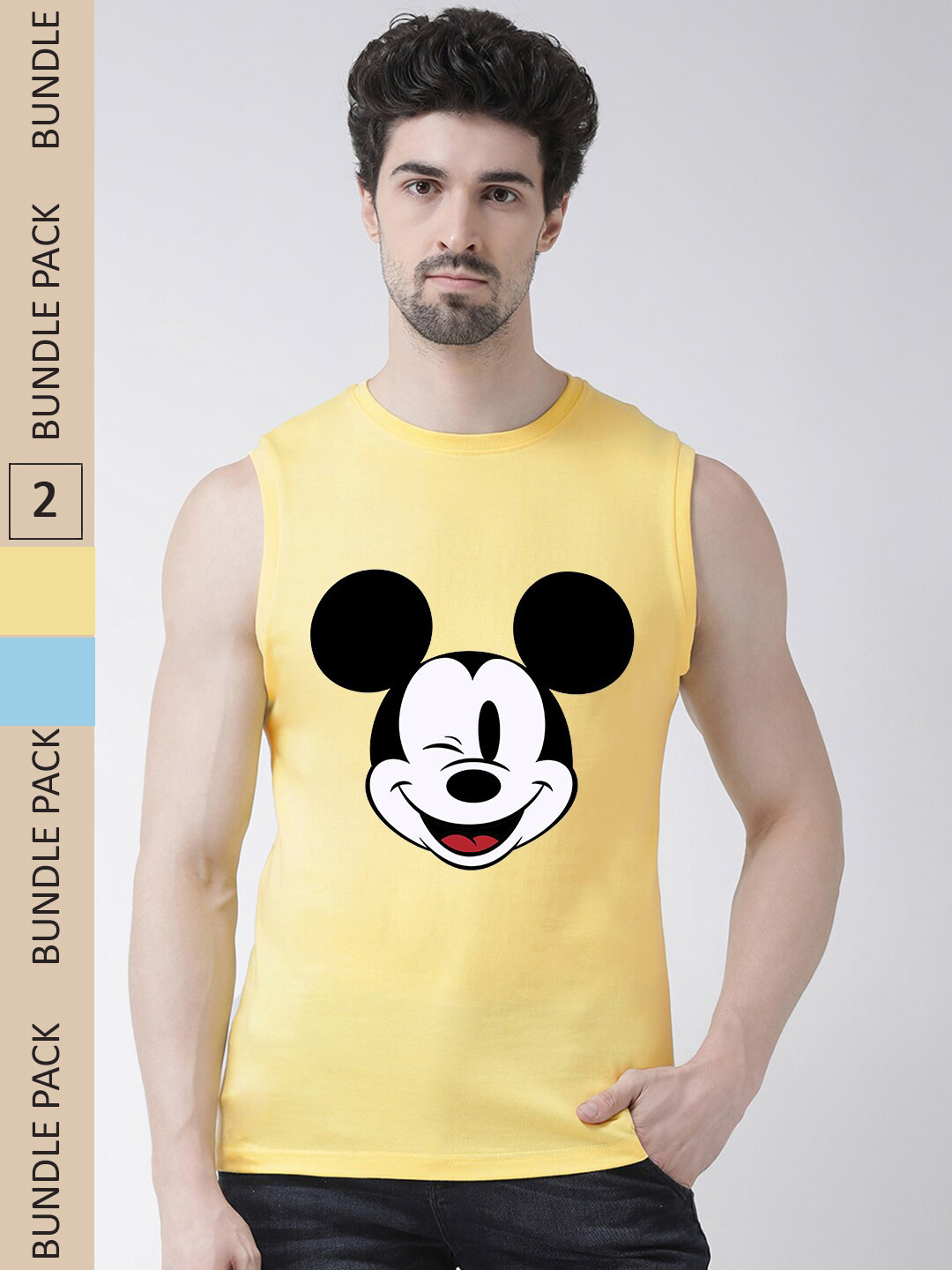

Friskers Pack Of 2 Graphic Printed Sleeveless Slim Fit Pure Cotton Sports T-shirt, Yellow