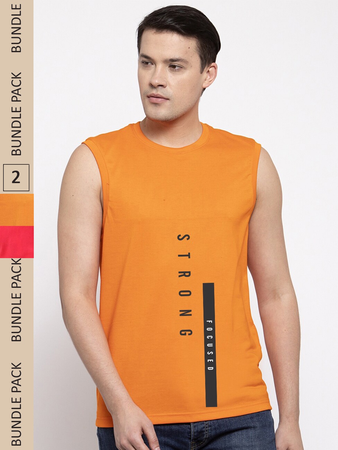 

Friskers Pack Of 2 Typography Printed Sleeveless Cotton Slim Fit T-shirt, Red