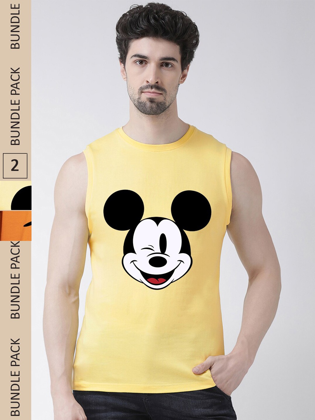 

Friskers Pack Of 2 Mickey Mouse Printed Sleeveless Pure Cotton Slim Fit Sports T-shirt, Yellow