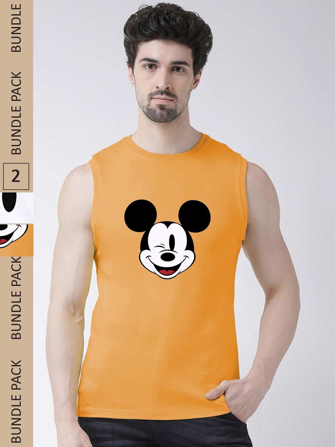 

Friskers Pack Of 2 Mickey Mouse And Smiley Printed Sleeveless Slim Fit Cotton T-shirts, Yellow