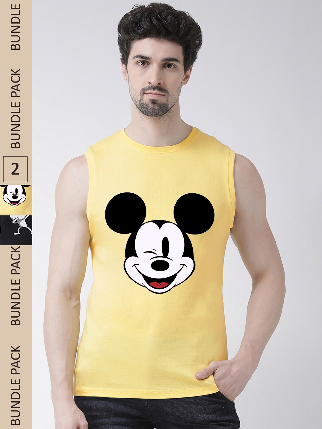 

Friskers Pack Of 2 Mickey Mouse Printed Sleeveless Pure Cotton Slim Fit Sports T-shirt, Black