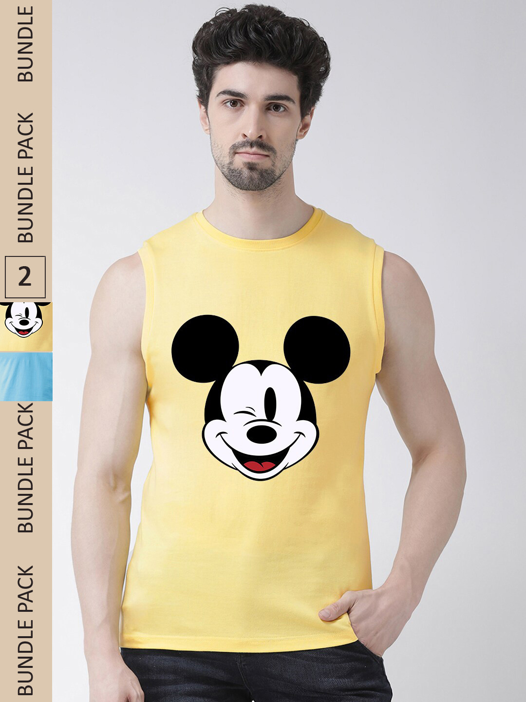 

Friskers Pack Of 2 Mickey Mouse Printed Sleeveless Pure Cotton Slim Fit Sports T-shirt, Yellow