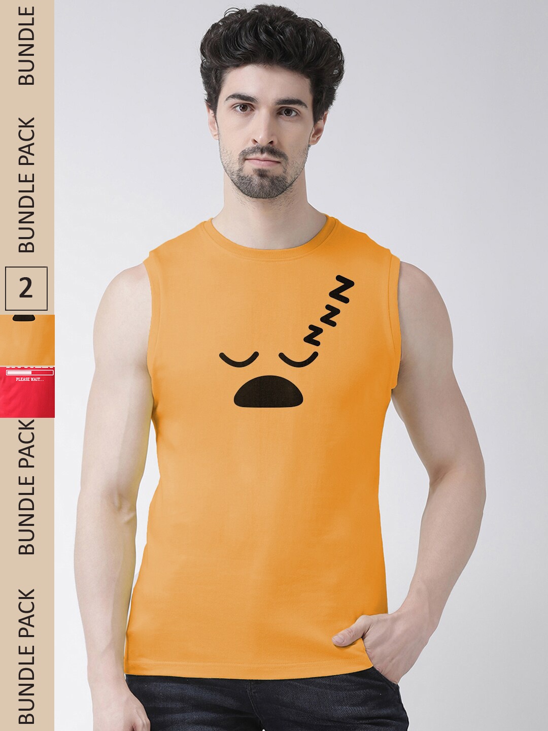 

Friskers Pack Of 2 Printed Sleeveless Slim Fit Pure Cotton Sports T-shirt, Orange