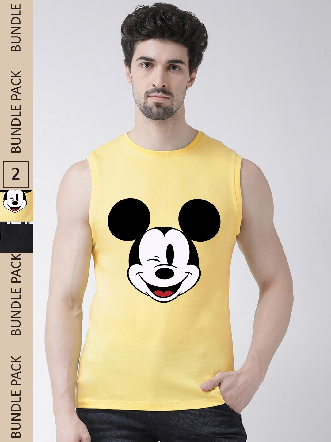 

Friskers Pack Of 2 Printed Sleeveless Cotton Slim Fit T-shirt, Yellow