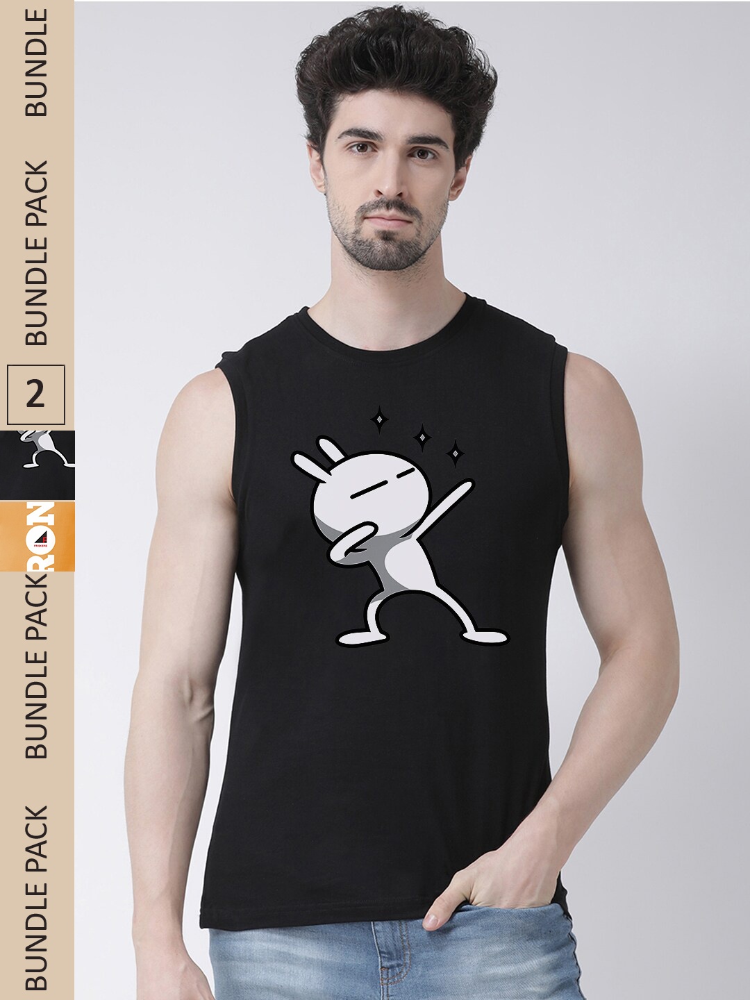 

Friskers Pack Of 2 Printed Sleeveless Slim Fit Pure Cotton Sports T-shirt, Black