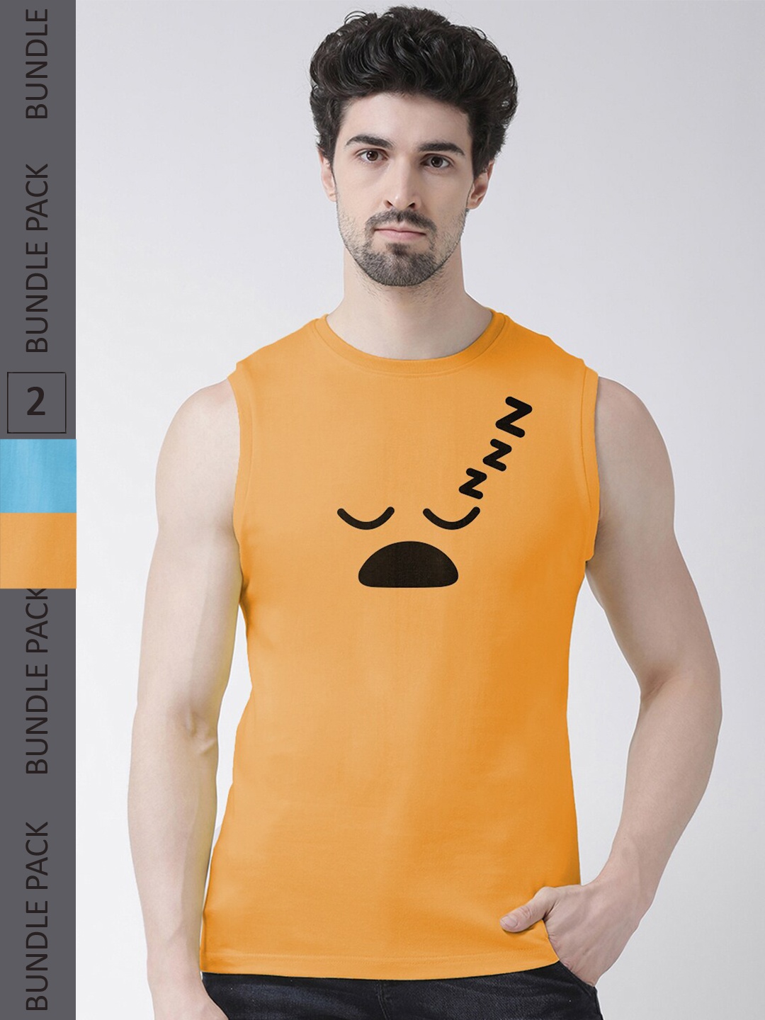 

Friskers Pack Of 2 Printed Sleeveless Cotton Slim Fit T-shirt, Blue