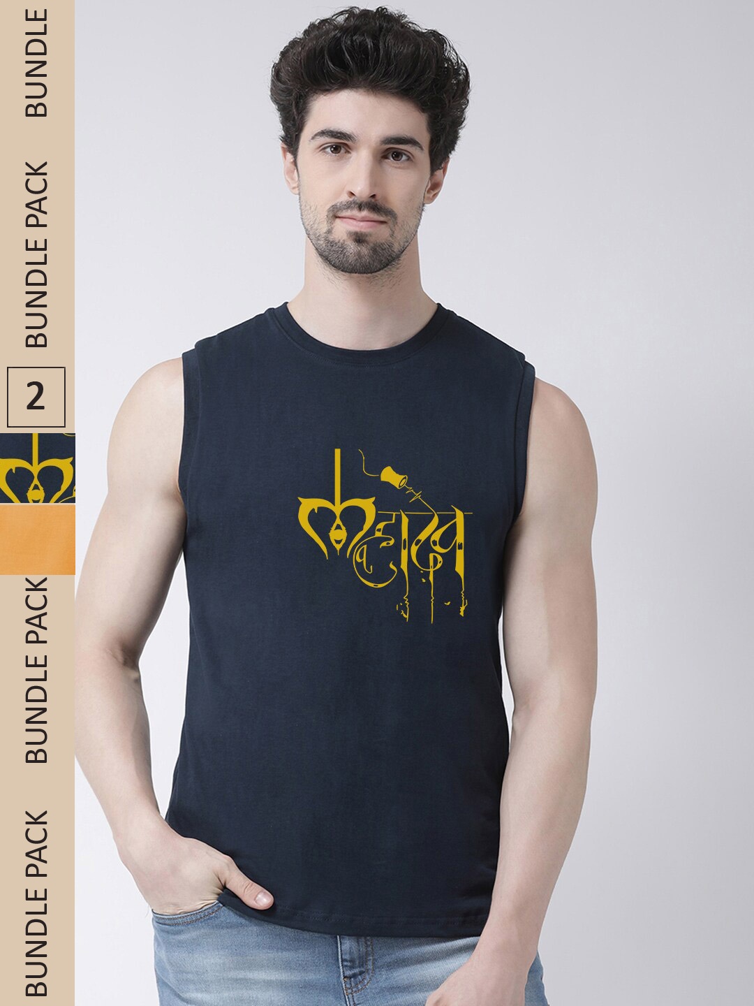 

Friskers Pack Of 2 Typography Printed Pure Cotton Slim Fit T-shirts, Navy blue