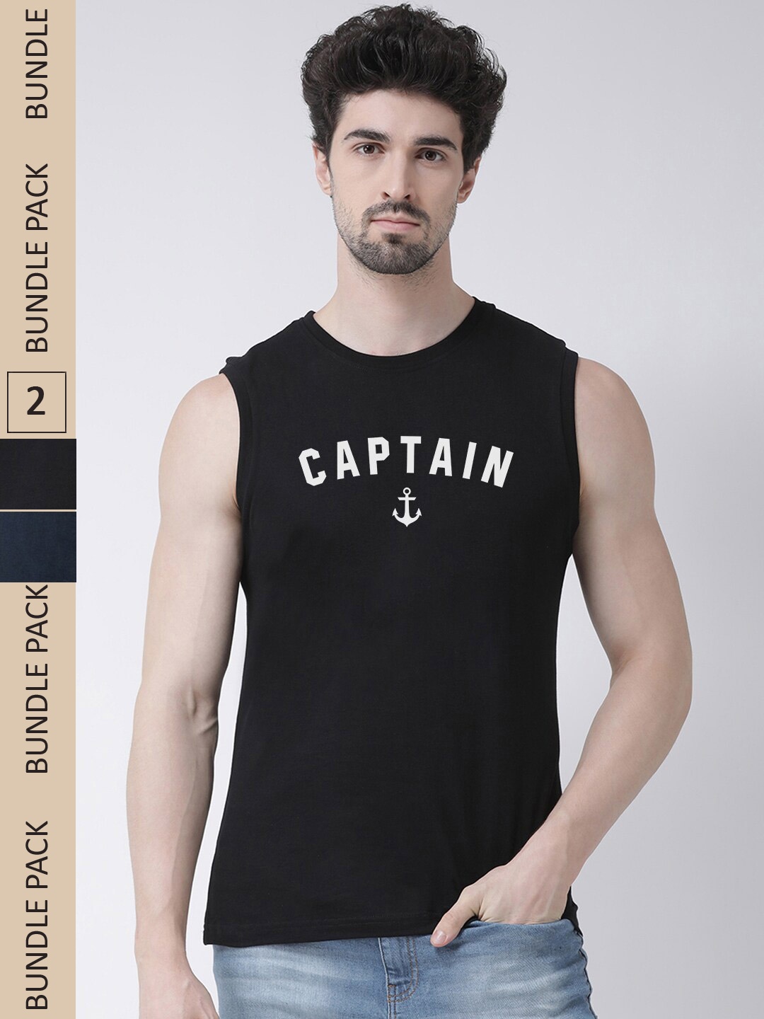 Friskers Pack Of 2 Typography Printed Sleeveless Slim Fit T-Shirt, Black