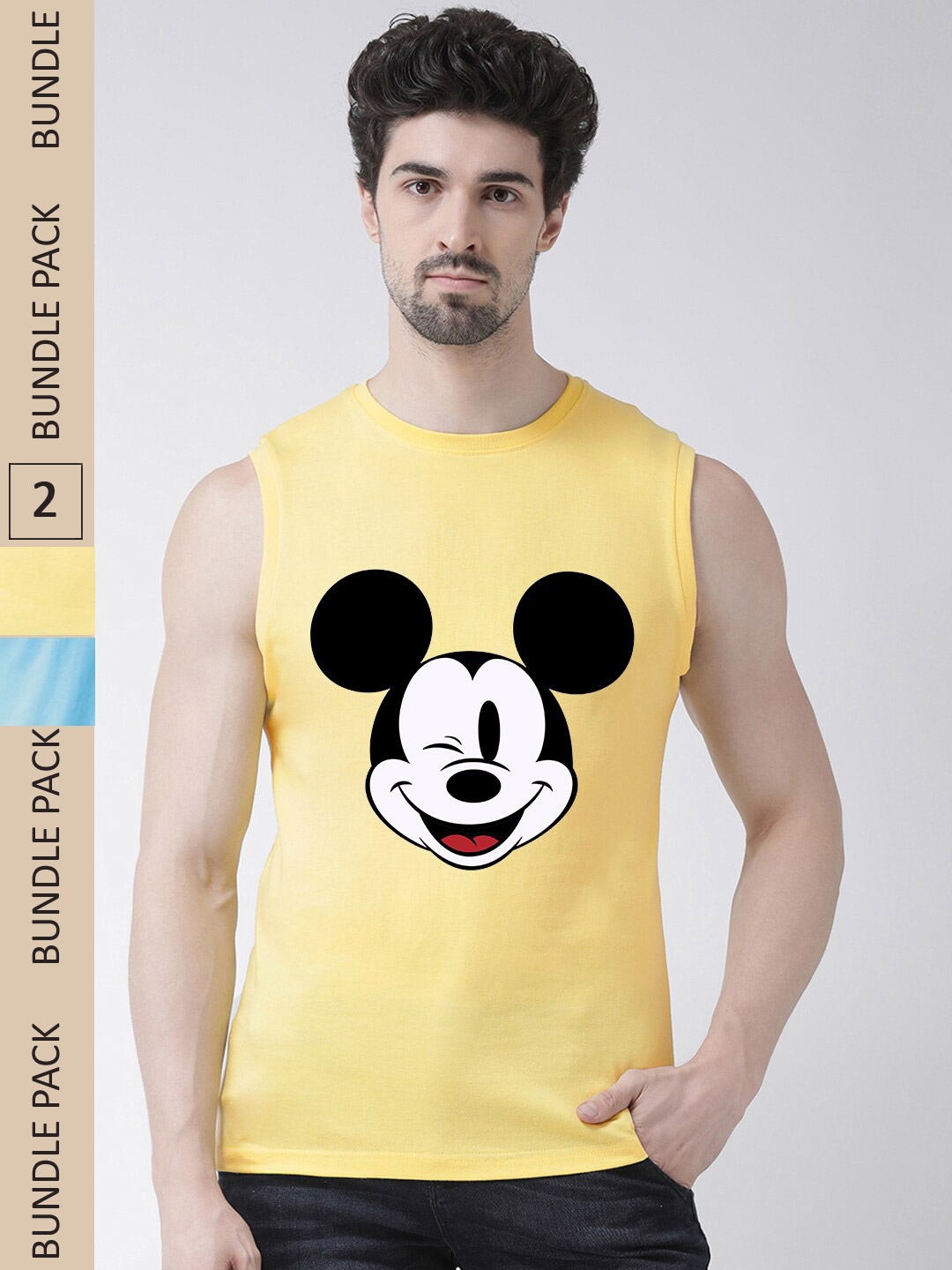 

Friskers Pack Of 2 Mickey Mouse Graphic Printed Pure Cotton Slim Fit T-shirts, Yellow