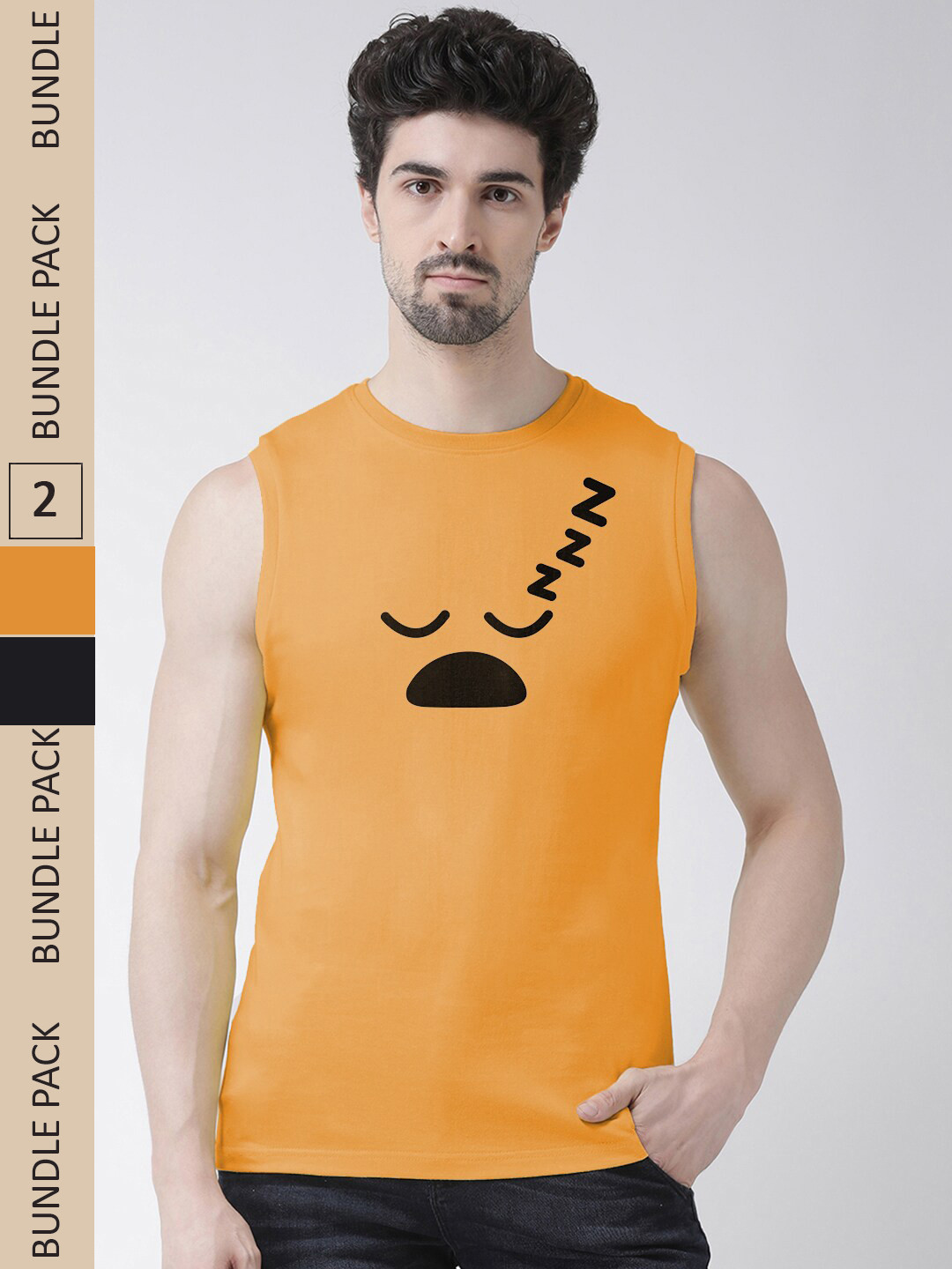 

Friskers Pack Of 2 Typography Printed Round Neck Sleeveless Cotton Slim Fit T-shirt, Orange