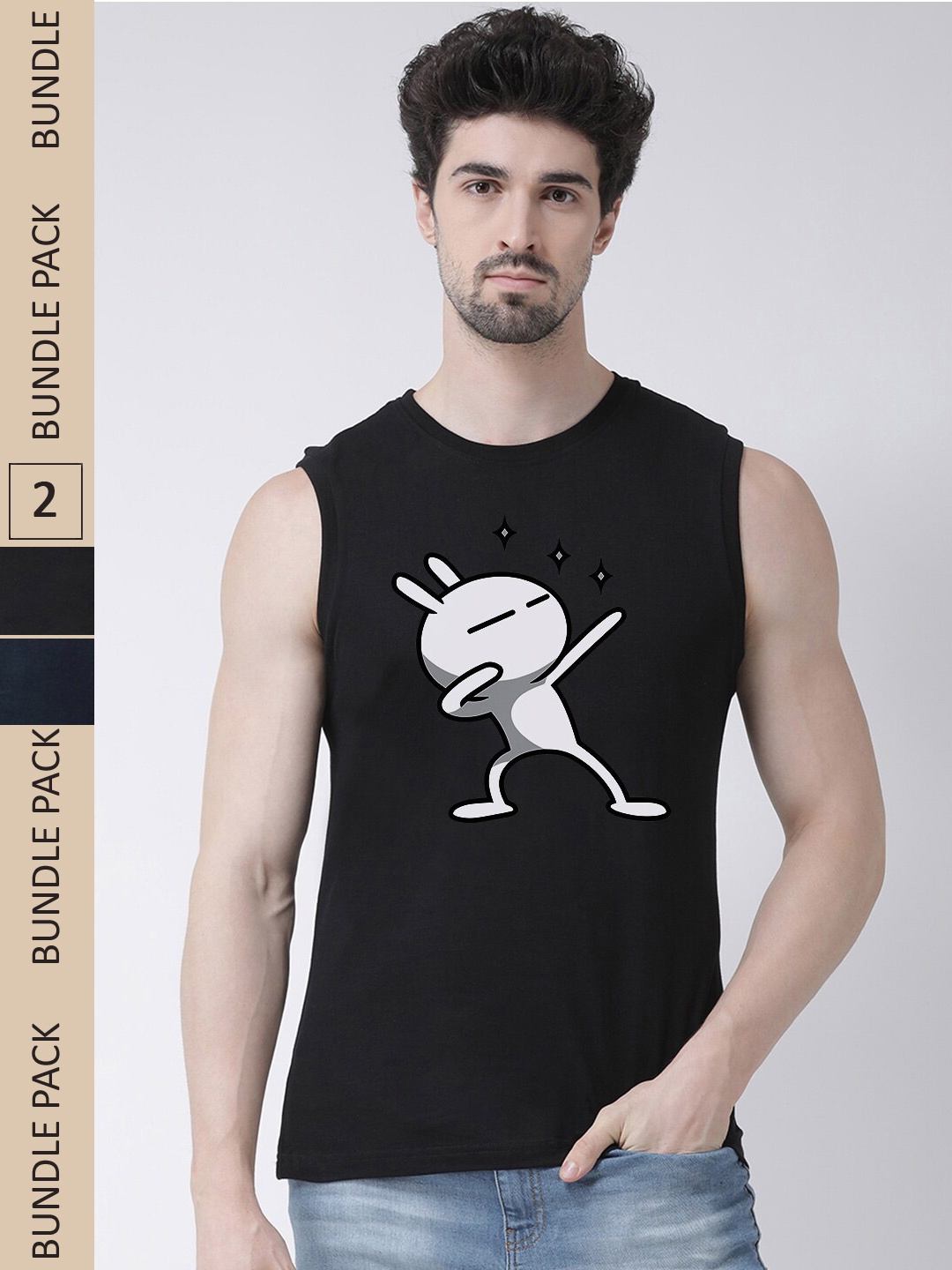

Friskers Pack Of 2 Printed Sleeveless Slim Fit Pure Cotton T-shirts, Black