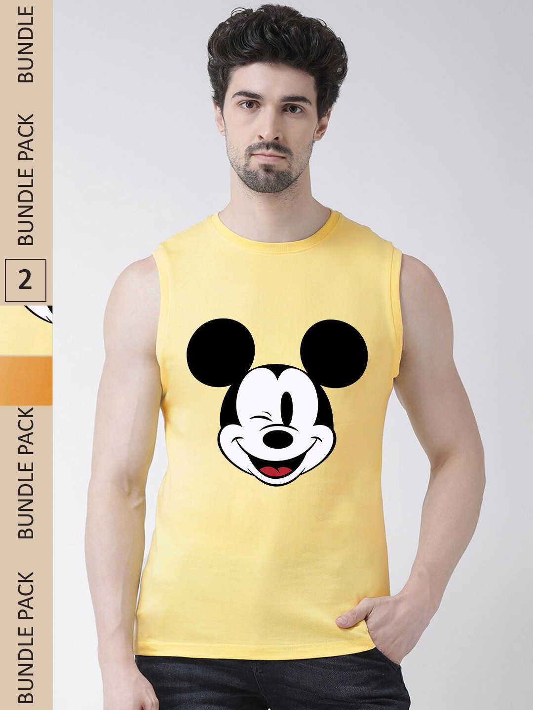 

Friskers Humour And Comic Mickey Mouse Printed Pack Of 2 Slim Fit Pure Cotton T-Shirts, Yellow