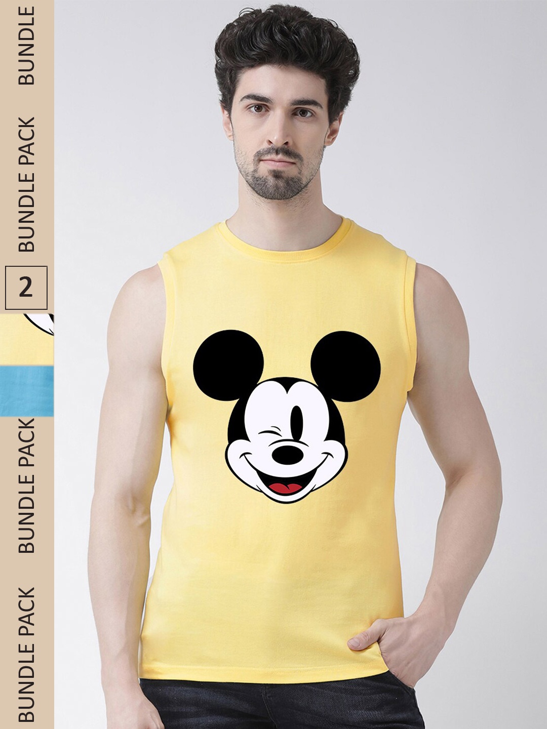 

Friskers Pack Of 2 Mickey Mouse Printed Sleeveless Pure Cotton T-shirt, Yellow