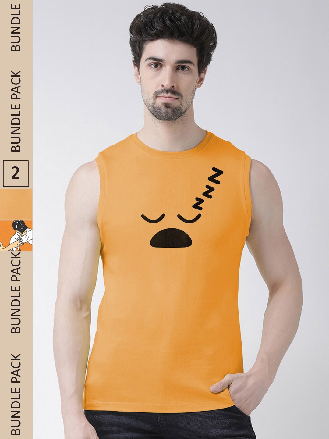 

Friskers Pack Of 2 Printed Sleeveless Slim Fit Pure Cotton T-shirts, Orange