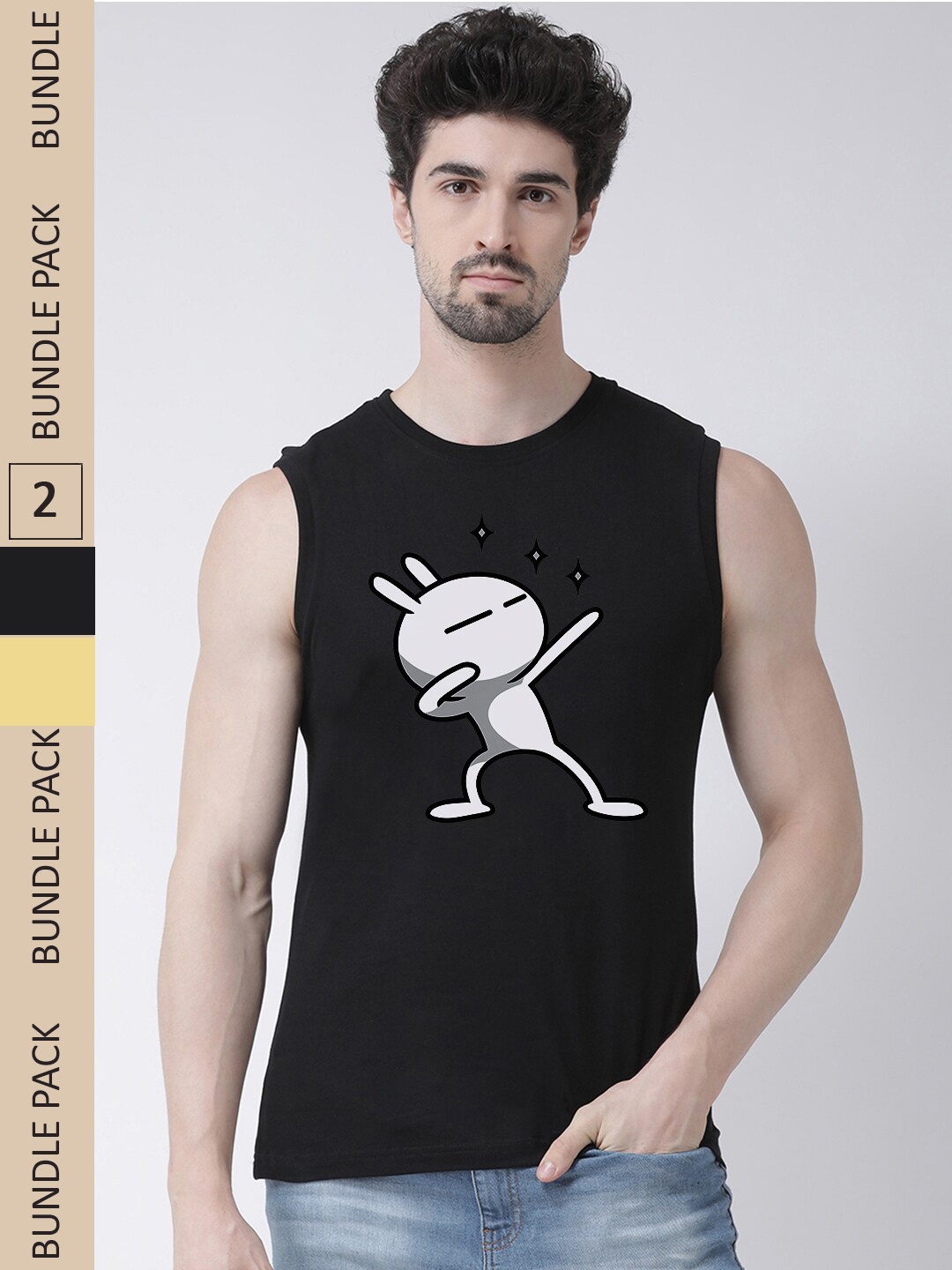 

Friskers Pack Of 2 Graphic Printed Sleeveless Slim Fit Pure Cotton T-shirts, Black