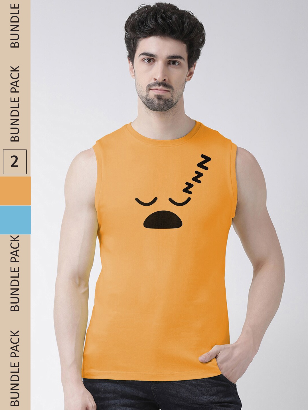Friskers Pack Of 2 Printed Sleeveless Slim Fit Pure Cotton Sports T-shirt, Orange