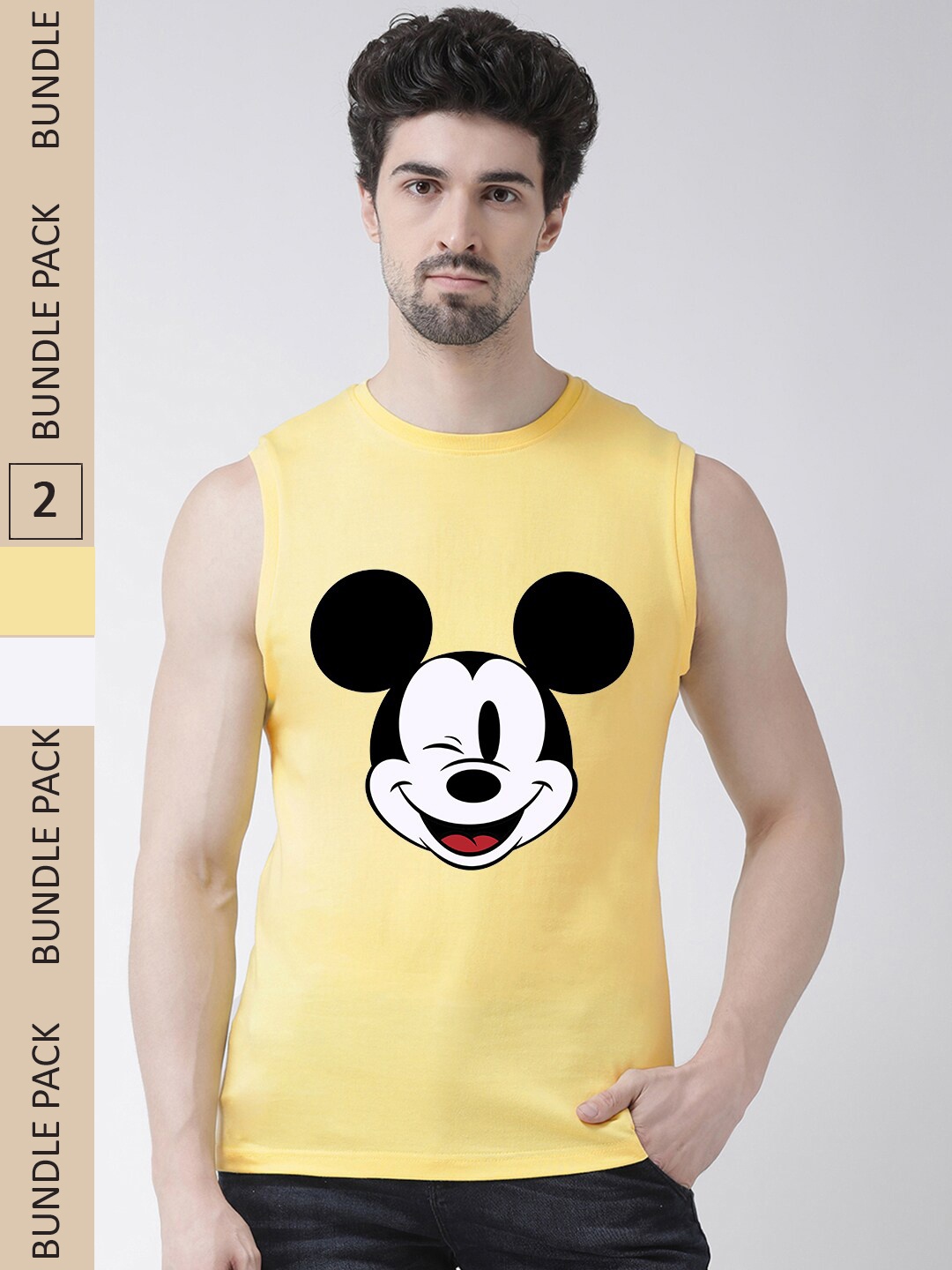

Friskers Humoric And Comic Mickey Mouse Printed Pack Of 2 Slim Fit Pure Cotton T-Shirts, Yellow