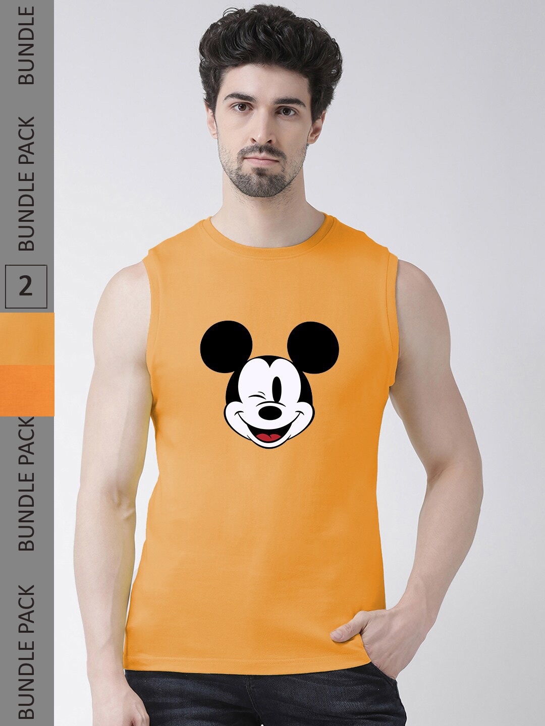 

Friskers Humoric And Comic Mickey Mouse Printed Pack Of 2 Slim Fit Pure Cotton T-Shirts, Orange