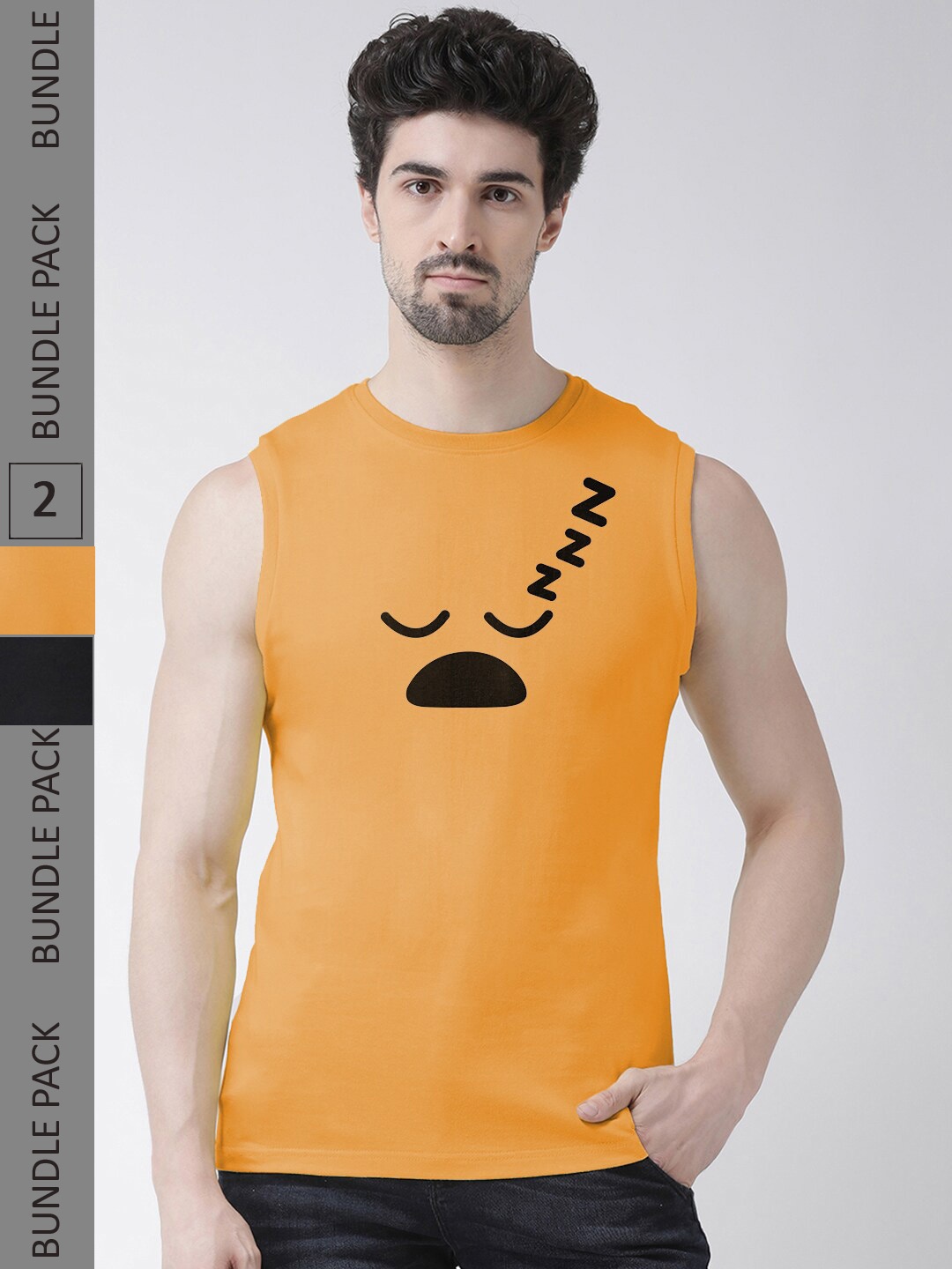 

Friskers Pack Of 2 Printed Sleeveless Cotton Slim Fit T-shirt, Black