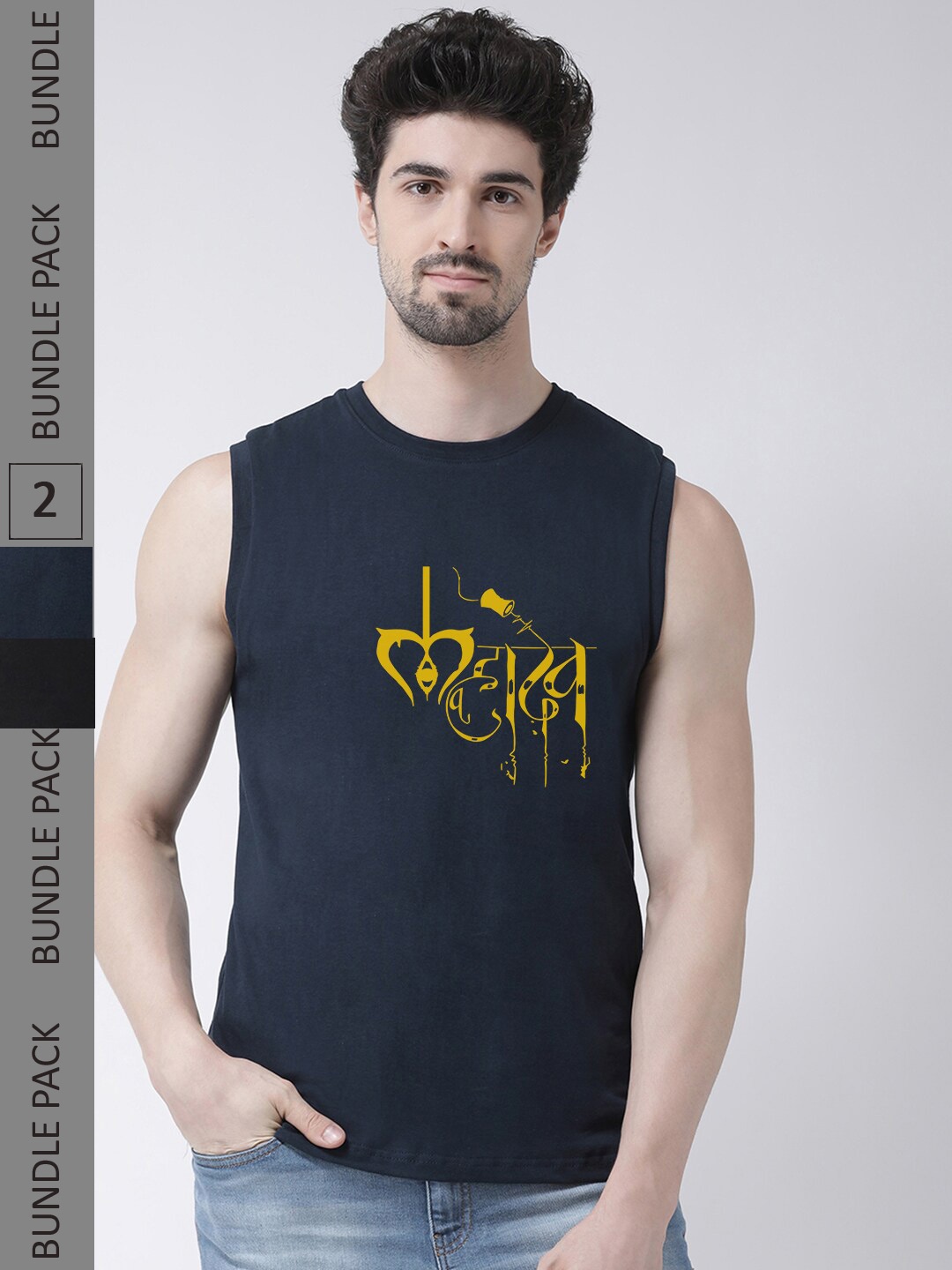 

Friskers Pack Of 2 Typography Printed Sleeveless Cotton Slim Fit T-shirt, Navy blue