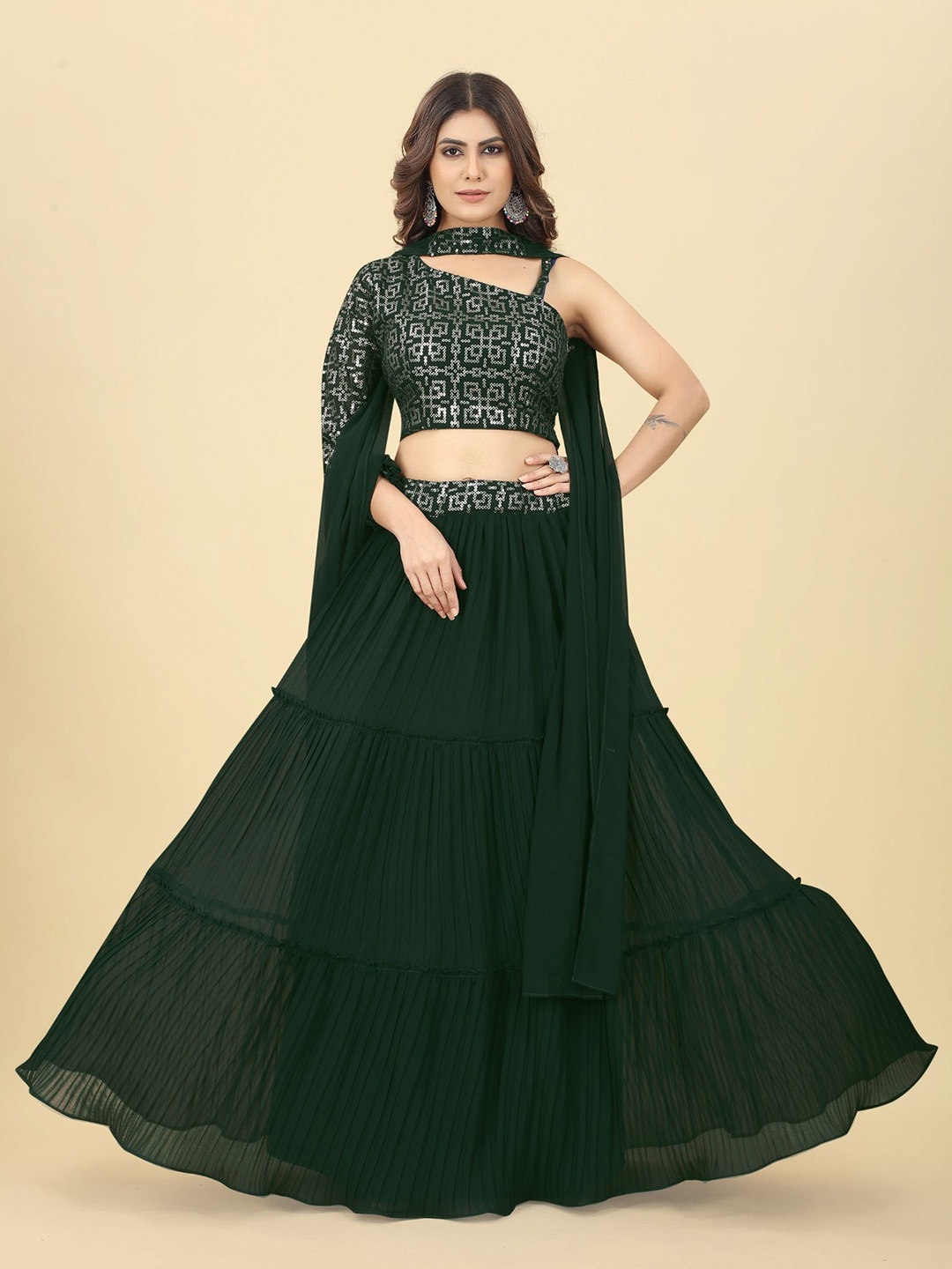 

KALINI Embroidered Sequinned Ready to Wear Lehenga & Blouse With Dupatta, Green