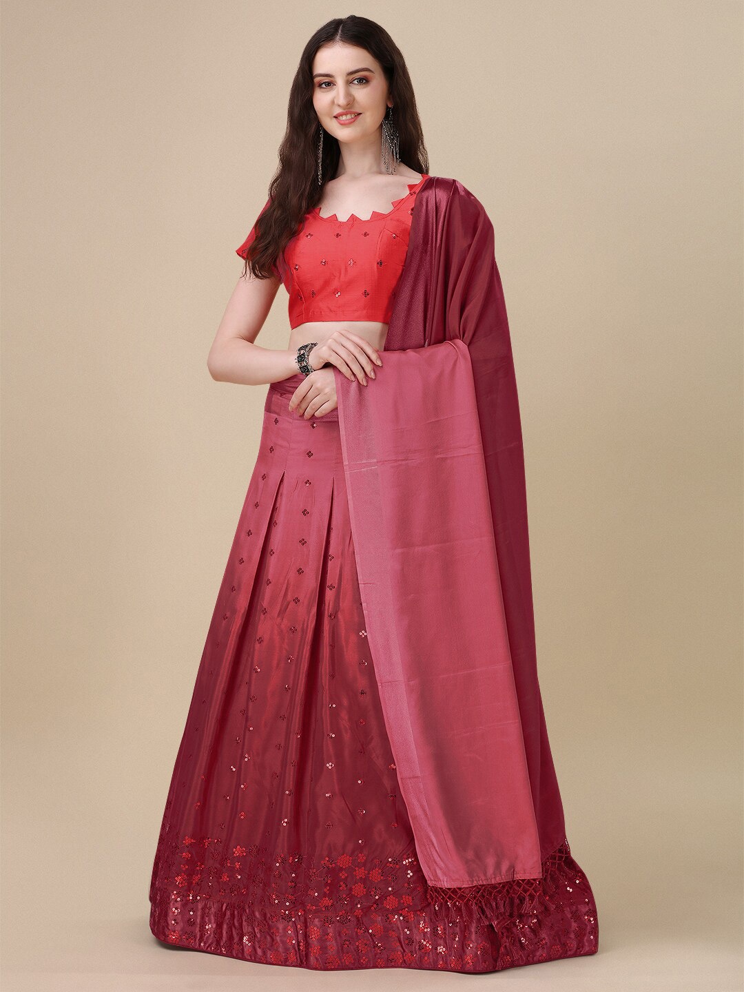 

Mitera Embroidered Sequinned Ready to Wear Lehenga & Unstitched Blouse With Dupatta, Red