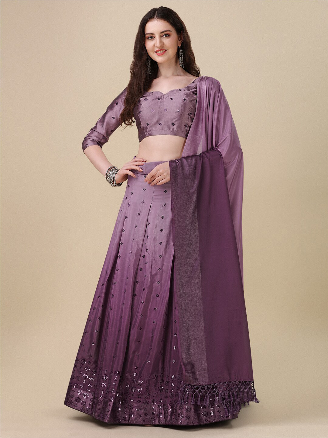 

Mitera Embroidered Sequinned Ready to Wear Lehenga & Unstitched Blouse With Dupatta, Purple
