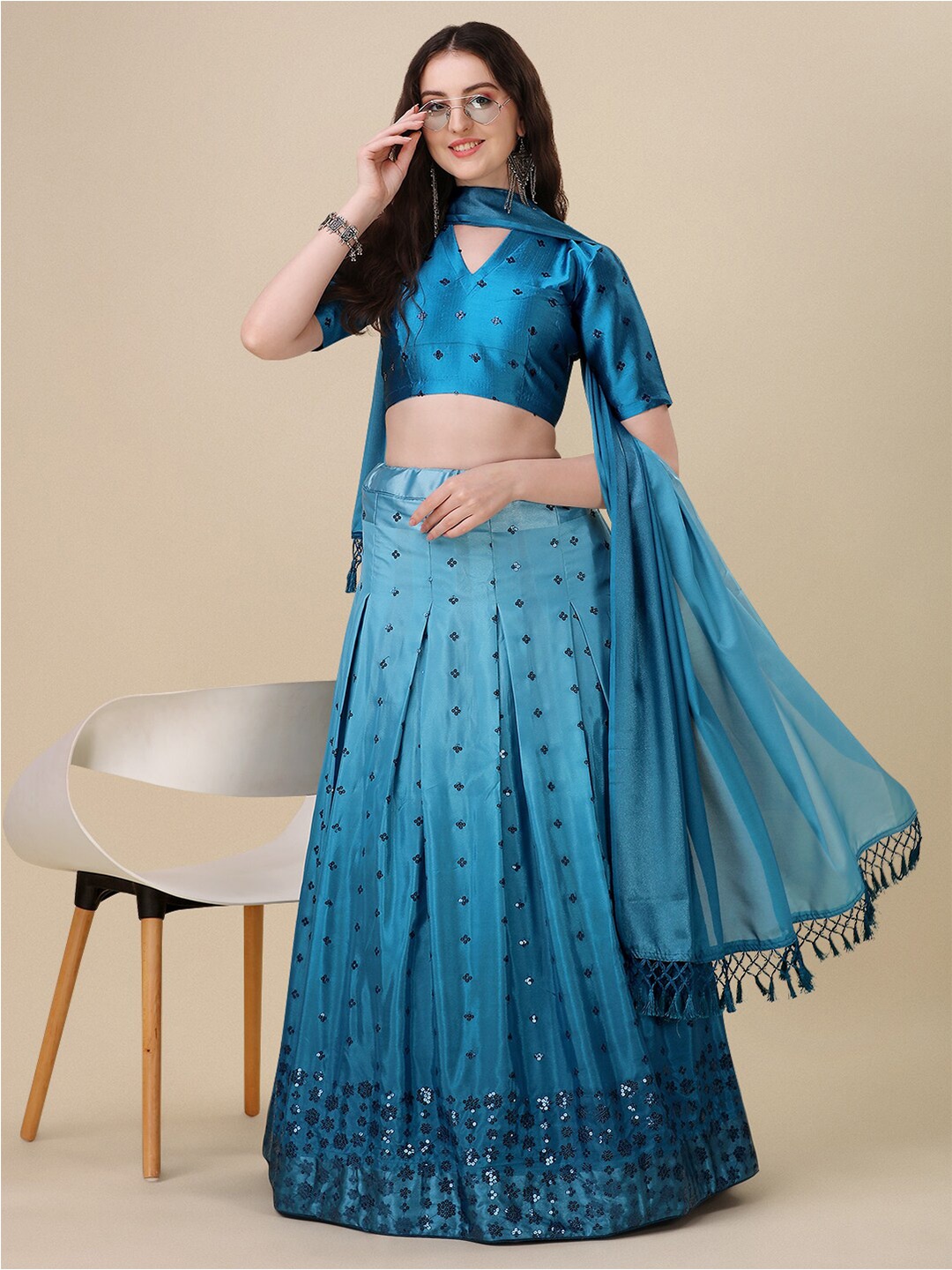 

Mitera Teal Embroidered Sequinned Ready to Wear Lehenga & Unstitched Blouse With Dupatta