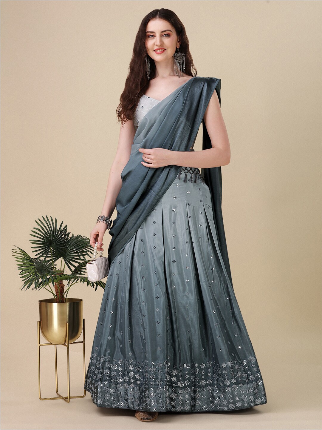 

Mitera Embroidered Sequinned Ready to Wear Lehenga & Unstitched Blouse With Dupatta, Grey