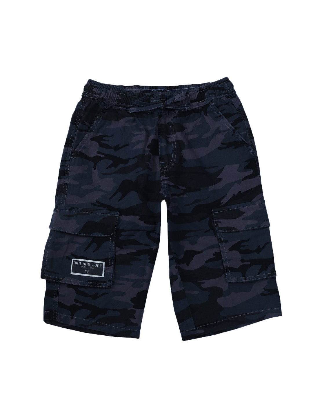 

Gini and Jony Boys Camouflage Printed Mid Rise Cotton Cargo Shorts, Navy blue