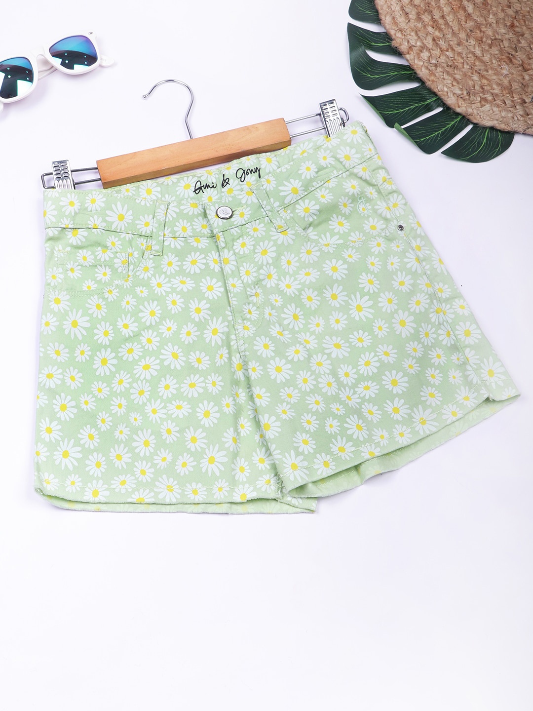 

Gini and Jony Girls Floral Printed Cotton Shorts, Green