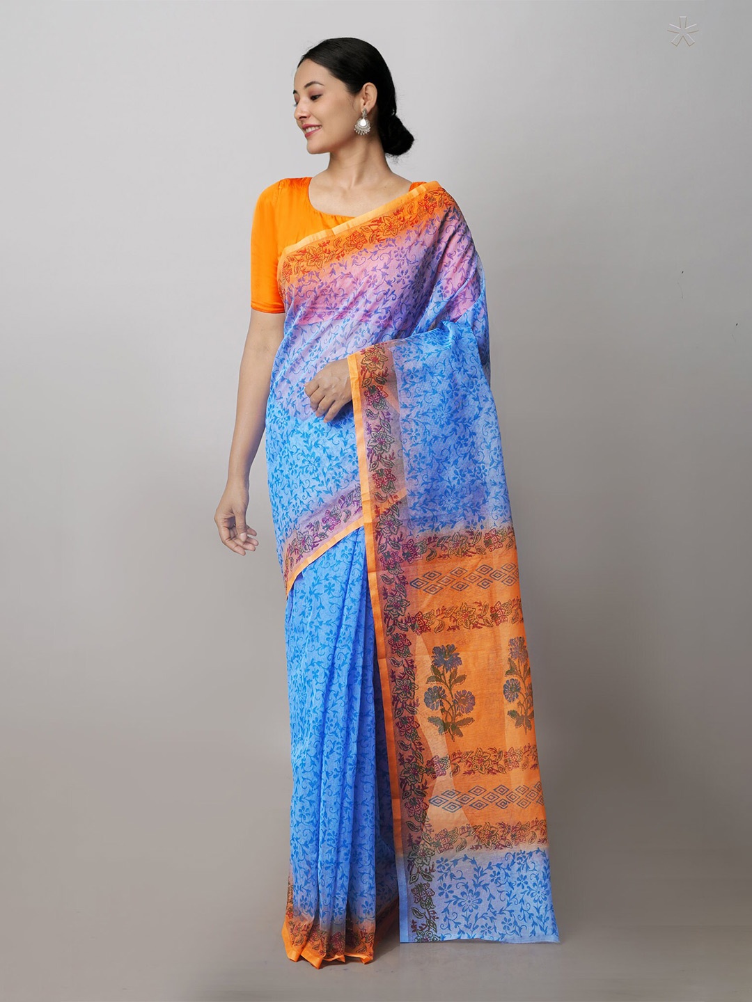 

Unnati Silks Ethnic Motif Supernet Block Print Saree With Blouse Piece, Blue
