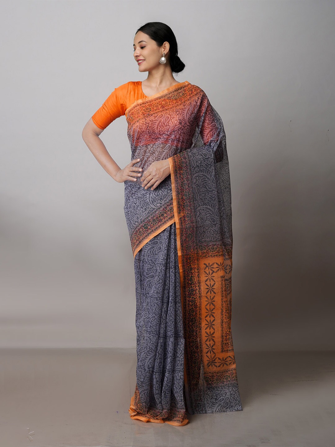 

Unnati Silks Paisley Supernet Block Print Saree, Grey