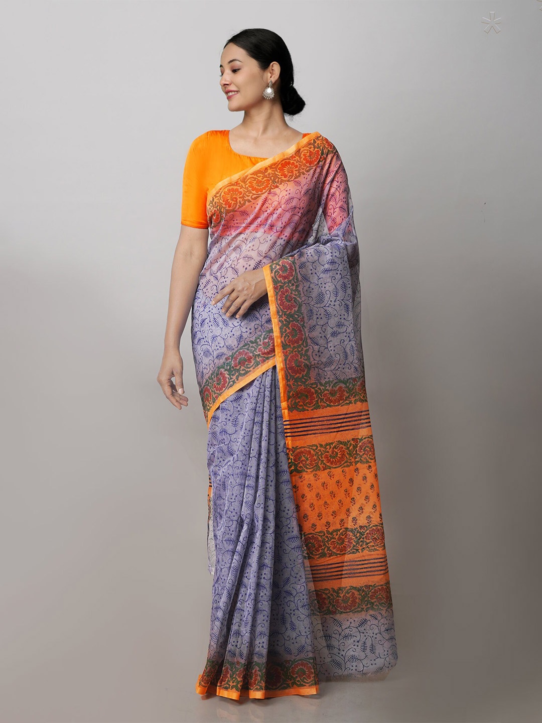 

Unnati Silks Ethnic Motif Supernet Block Print Saree With Blouse Piece, Grey